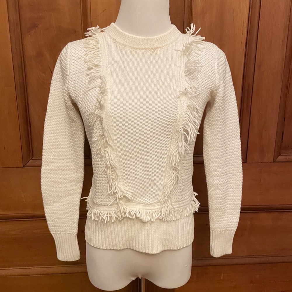CLUB MONACO size XS  chunky knit thick pullover white SPRING sweater w fringe